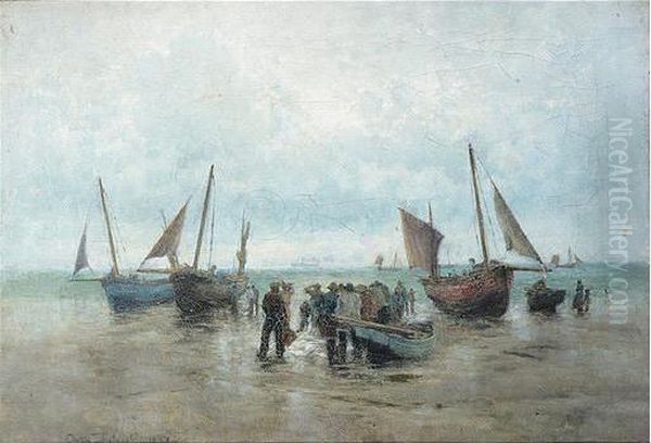 Beach Scene, Signed And Dated 1890, Oil On Canvas, 40.5 X 56 Cm.; 16 X 22 In Oil Painting by Owen Dalziel