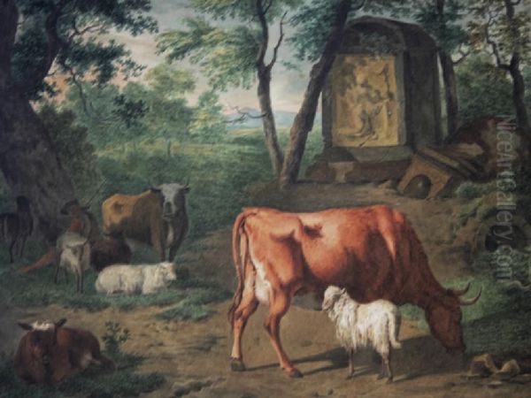 Shepherd With Cattle And Sheep By A Stone Ruin Oil Painting by Pieter Dam