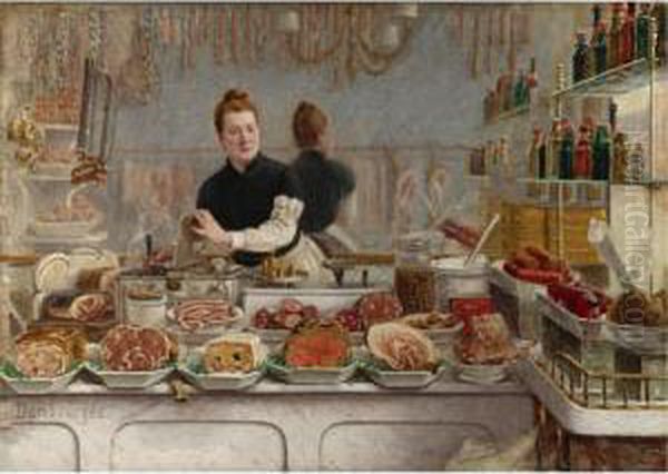 Une Boutique De Charcuterie (a Pork Butcher's Shop) Oil Painting by Edouard Jean Dambourgez