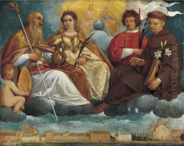 Saint Prosdocimus, Justina, Daniel And Antony Of Padua In Glory With A View Of The Prato Della Valle (padua) Below Oil Painting by Pietro Damini