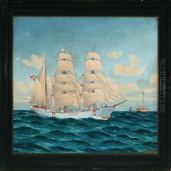 Seascape With Quintero Danmark, Steamer And Lightship Oil Painting by C. Damm