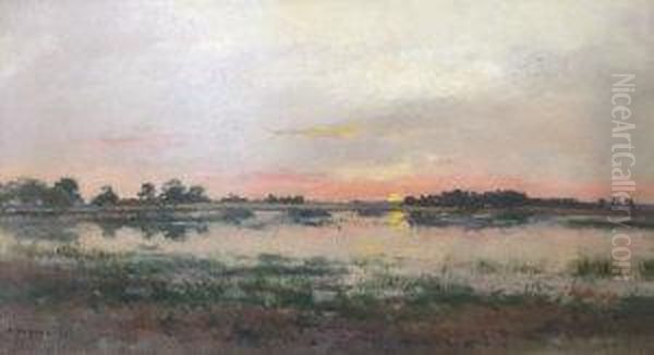 Sun Rising In A Red Sky Over A Lake Scene Oil Painting by Pierre-Emmanuel Damoye