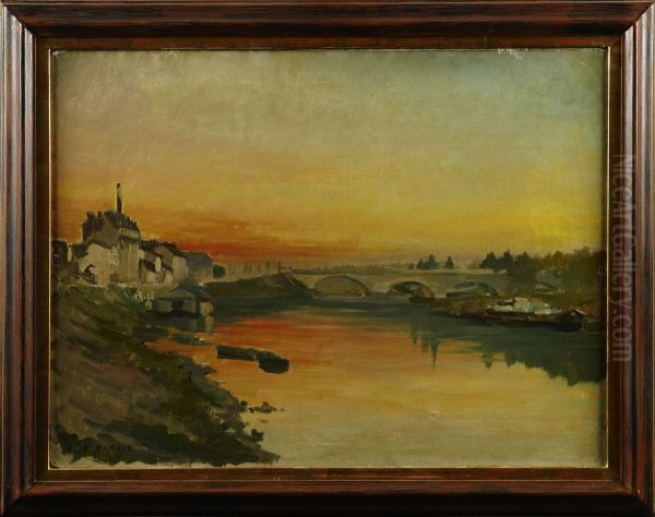 Franskt Flodlandskap I Solnedgang Oil Painting by Pierre-Emmanuel Damoye