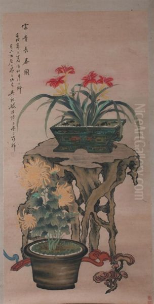 Flower-filled Archaic Vessel Oil Painting by Wu Dan