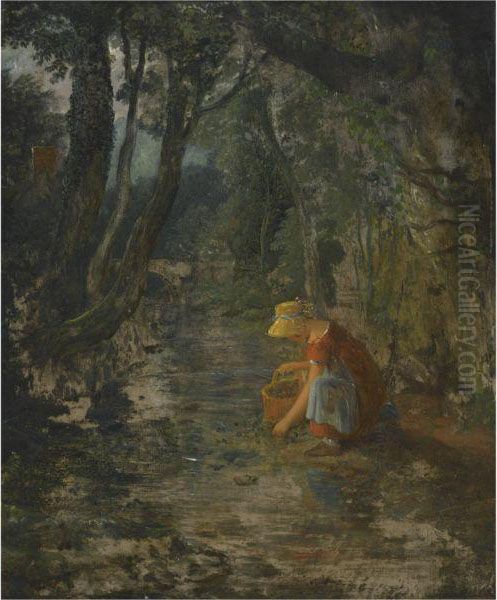 A Girl Collecting Berries By A Brook In A Wooded Landscape Oil Painting by Francis Danby