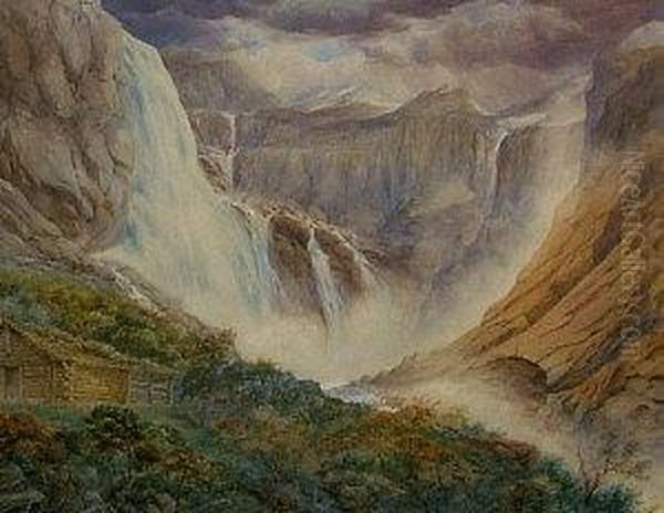 Extensive Waterfall Landscape Oil Painting by Francis Danby