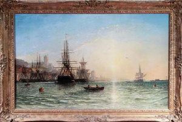 Sunrise - Sailing Ships And Paddle Tugs In The Harbour At Northshields Oil Painting by Francis Danby