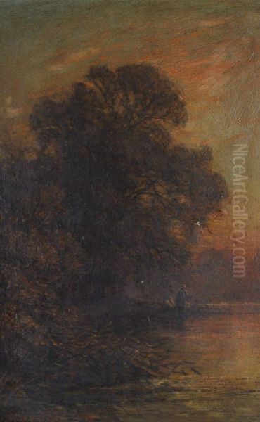 Fishermen On A Rural River At Sunset Oil Painting by Thomas Danby