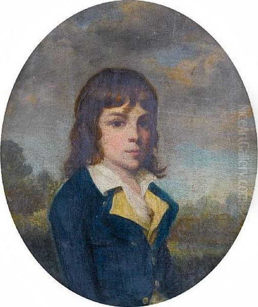 Portrait Of A Young Boy, Half-length, In A Blue Coat, A Yellow Waistcoat And A White Chemise Oil Painting by Sir Nathaniel Dance-Holland