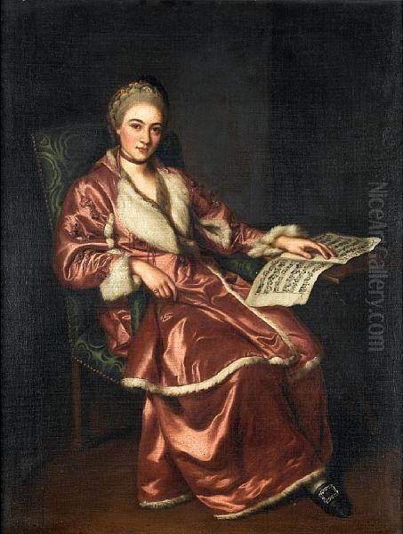 Portrait Of A Lady, Said To Be Madame Katinka, In A Fur-trimmed Crimson Robe, Reading Music Oil Painting by Sir Nathaniel Dance-Holland