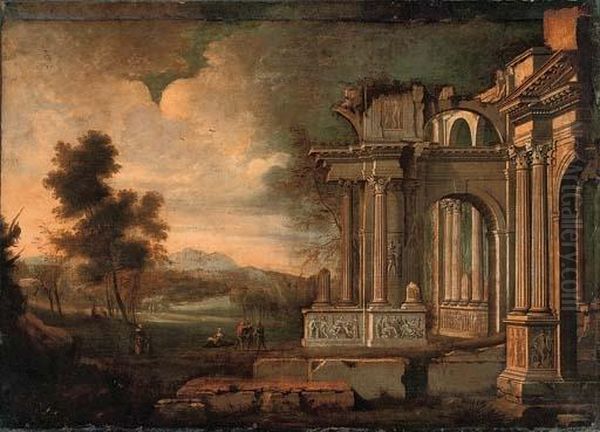 A Capriccio Of Classical Ruins With Peasants Conversing By A Stream Oil Painting by Hendrick Danckerts