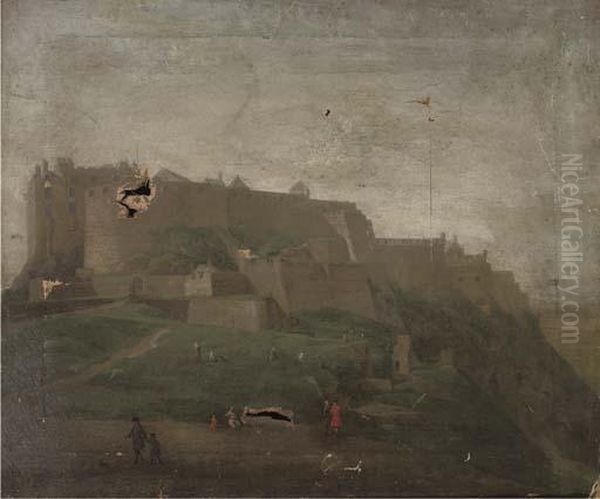 Figures Before A Castle, Thought To Be Edinburgh Oil Painting by Hendrick Danckerts