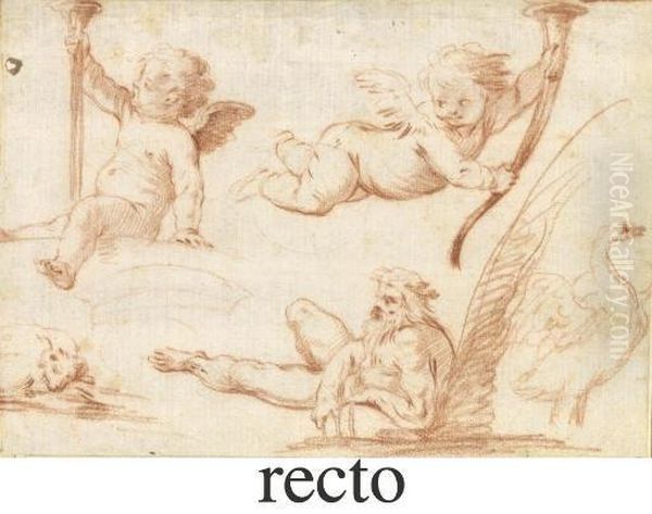 Two Putti With Trumpets, A River God, A Mute Swan And A Sleeping Dog ( Oil Painting by Vincenzo Dandini