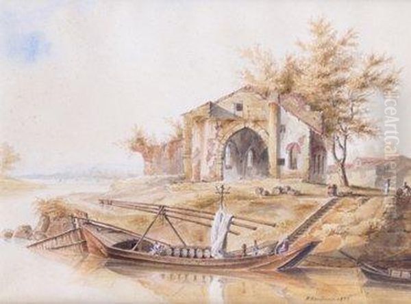 Le Dechargement Des Tonneaux Pres D'une Eglise En Ruine Sur Les Bords Du Rhone Oil Painting by Frederic Francois Dandiran