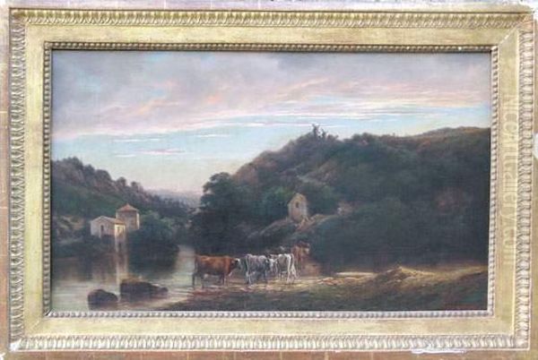  Paysage Au Troupeau Pres Du Cours D'eau  Oil Painting by Frederic Francois Dandiran