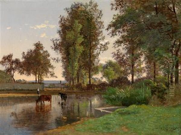 Teich In Sommerlicher Landschaft Oil Painting by Auguste Dandoy