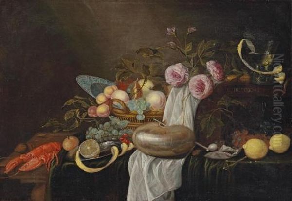 Still Life With A Lobster, A Peeled Lemon, A Basket Of Fruit, A Nautilus Shell With A Pipe, An Oyster, Roses, A Oil Painting by Giuliam Dandoy