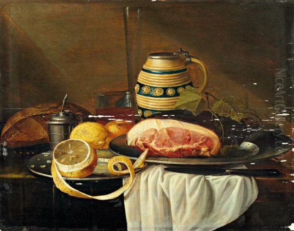 Nature Morte Au Pichet, Morceau De Viande Et Citrons Oil Painting by Guillam Dandoy