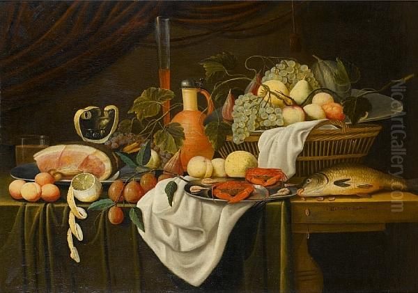 A Ham On A Pewter Dish With A Peeled Lemon And A Basket Of Figs, Grapes, Peaches And Pears Together With A Glass Of Wine On A Draped Table-top Oil Painting by Guillam Dandoy