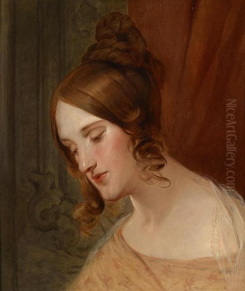 Head Of A Girl With Brownlocks Oil Painting by Josef Danhauser