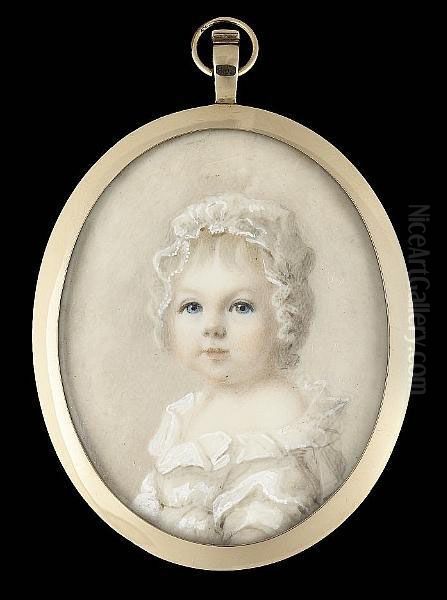 A Blue-eyed Child, Wearing White Dress With Frilled Collar And Bonnet Oil Painting by Abraham Daniel