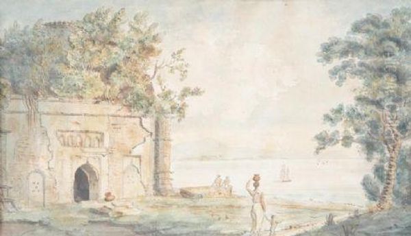 Figures Of Ruins And Lake Oil Painting by William Daniel