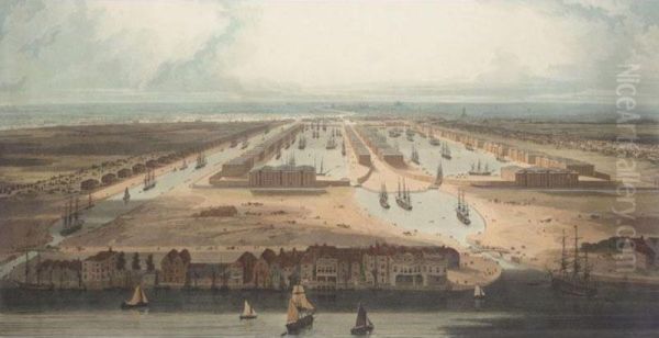 A View Of The London Dock; A View Of The East India Docks; An Elevated View Of The New Docks An Warehouses On The Isle Of Dogs Oil Painting by William Daniel