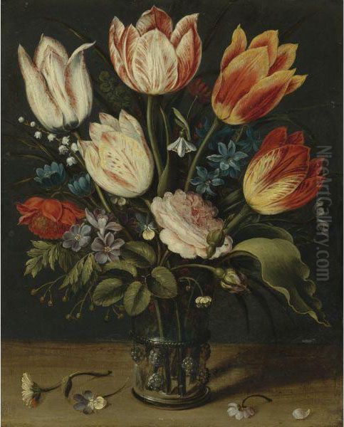 Still Life Of Tulips And Other Flowers In A Glass Vase Oil Painting by Andries Daniels