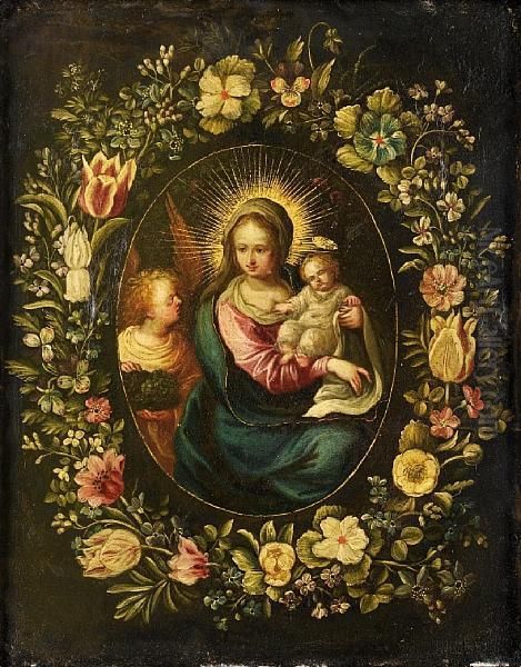 The Madonna And Child With An Angel Oil Painting by Andries Daniels