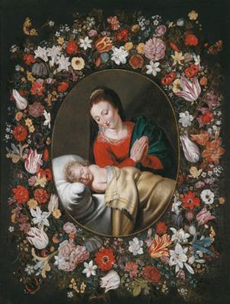 Peter Paul Rubens Cerchia Madonna Con Gesu Dormiente In Una Ghirlanda Di Rose Oil Painting by Andries Daniels