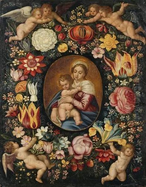 Vierge A L'enfant Dans Une Couronne De Fleurs Soutenues Par Des Putti Oil Painting by Andries Daniels