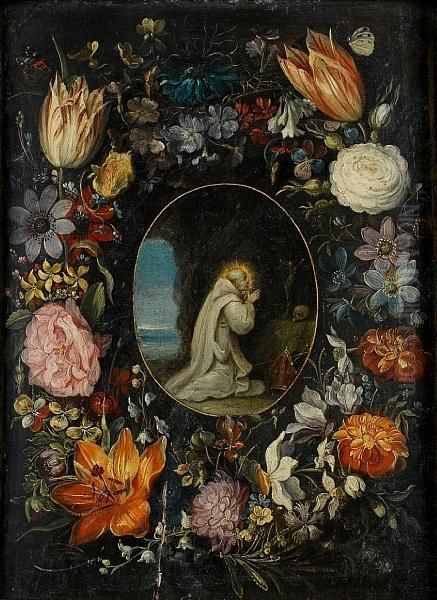 Saint Bernard In Prayer Surrounded By Agarland Of Flowers Oil Painting by Andries Daniels