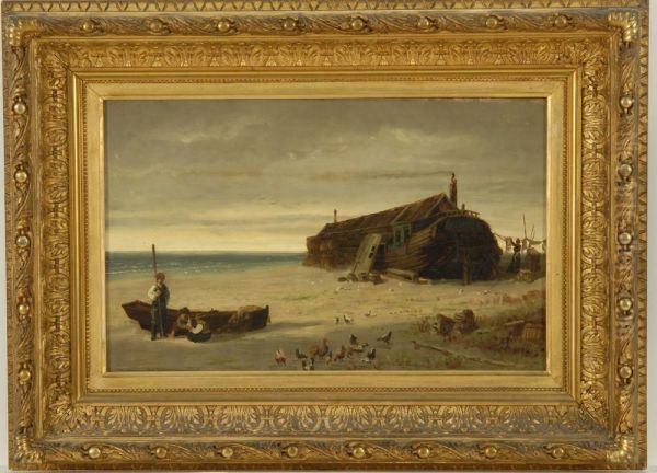 Figures On A Beach With Shipwreck Oil Painting by George Fisher Daniels