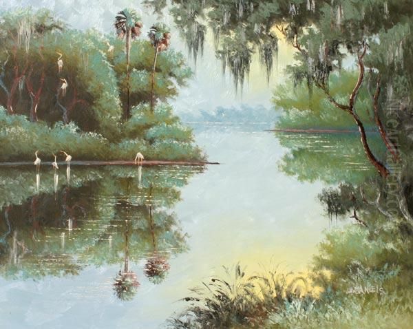 Florida Highwaymen Backwater Scene With Egrets Oil Painting by William Daniels