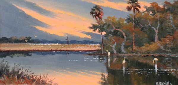 Sunset Backwater Scene With
 Birds Oil Painting by William Daniels