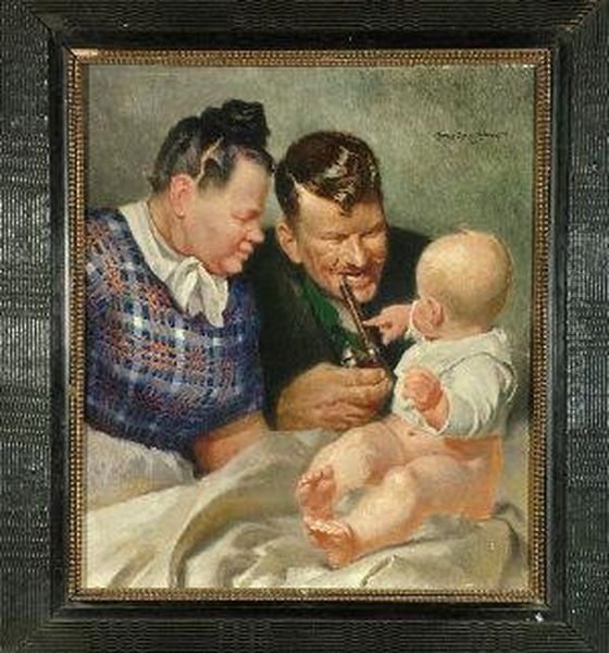 An Austrian Couple Admiring A Baby Oil Painting by Josef Danilowatz