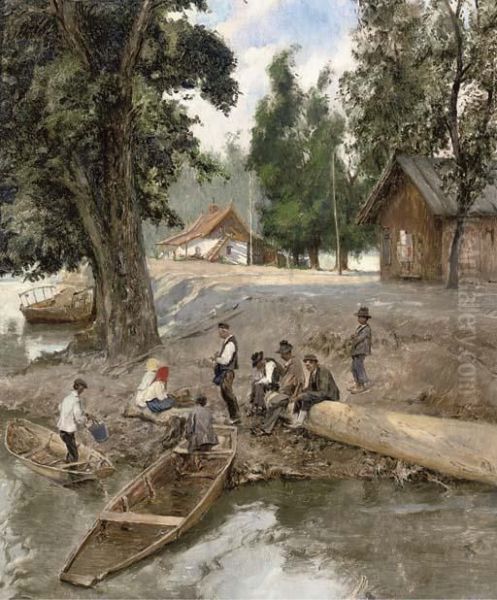 A Gathering On The Riverbank Oil Painting by Josef Danilowatz