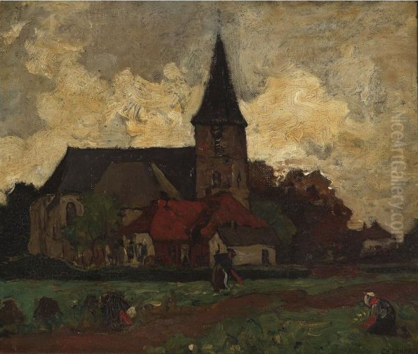 Fieldworkers Sowing And Reaping Outside A Church Oil Painting by Charles Dankmeijer