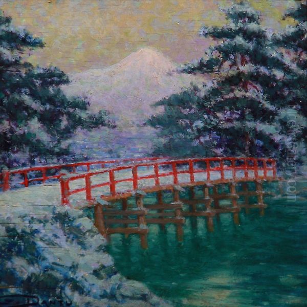 A Japanese Garden With A View To The Mount Fuji Oil Painting by Georges Dantu