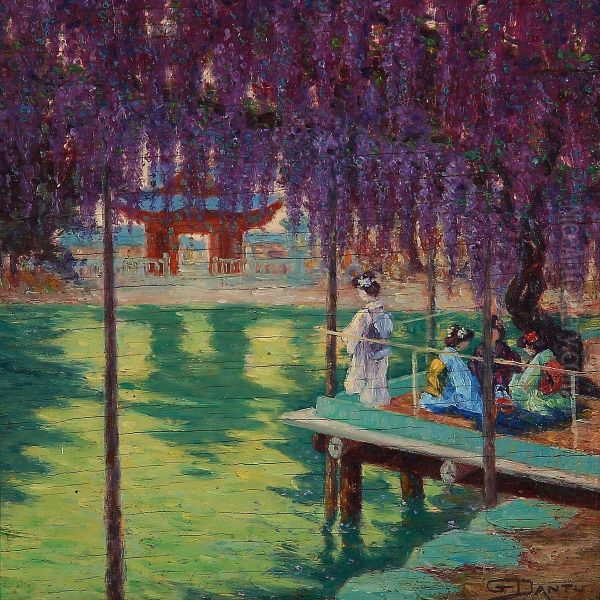 Japanese Women On A Bridge Under A Wisteria Oil Painting by Georges Dantu