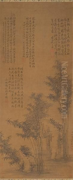 Bamboo And Rock Oil Painting by Guan Daosheng