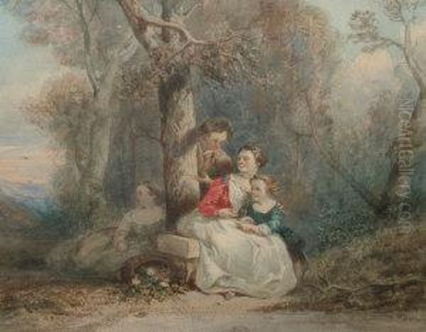 Dumoulin -- Mother And Children In A Woodland Scene Oil Painting by Alexis Auguste Darcy-Dumoulin