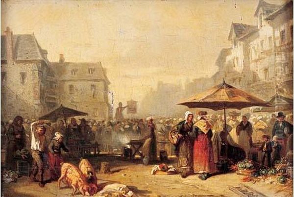 < Marche Aux Legumes En Bretagne >. Oil Painting by Alexis Auguste Darcy-Dumoulin