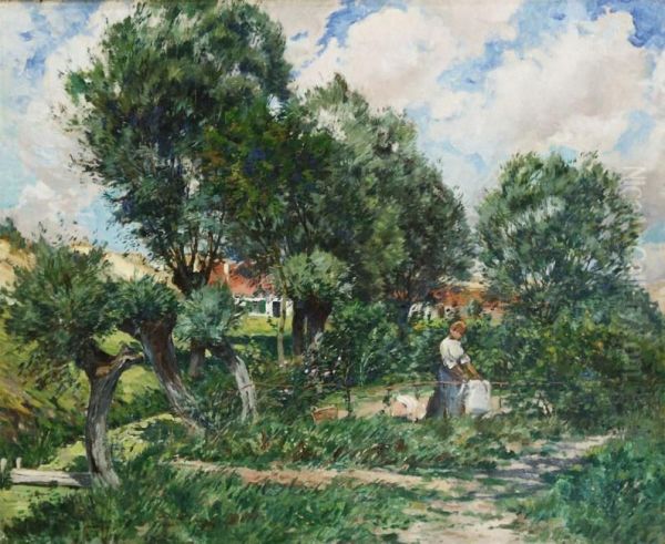 Summer Landscape With Woman Hanging The Washing Oil Painting by Leon Dardenne