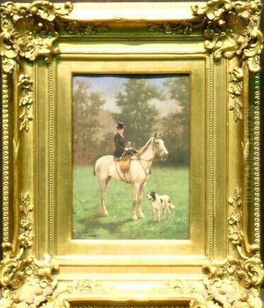 Portrait Of A Woman Astride Her Horse With Her Dog Oil Painting by Louis Darey