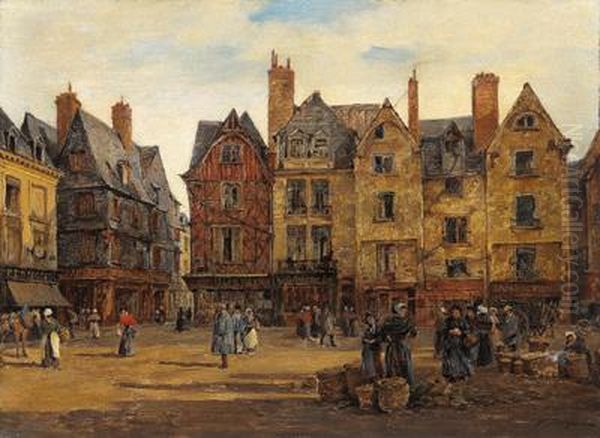 Veduta Della Place Plumereau A Tour Con Varie Figure Accessorie Oil Painting by Paul Joseph Victor Dargaud