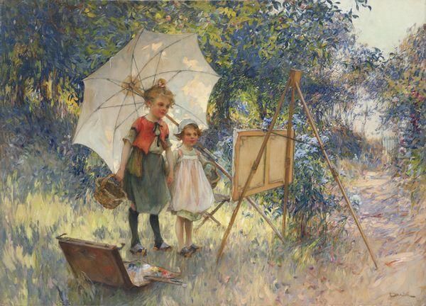 Enfants Au Jardin Contemplant Le Tableau Du Pere. Oil Painting by Henri-Gaston Darien