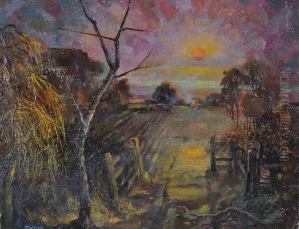 Stylised Rural Sunset Oil Painting by Harry Fred Darking