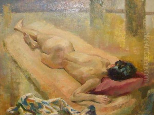 Reclining Nude (see Artists Label Verso) Oil Painting by Harry Fred Darking