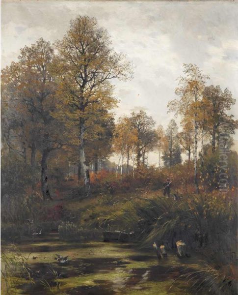 Woodland Scene With A Hunter And His Dog by Hugo Darnaut